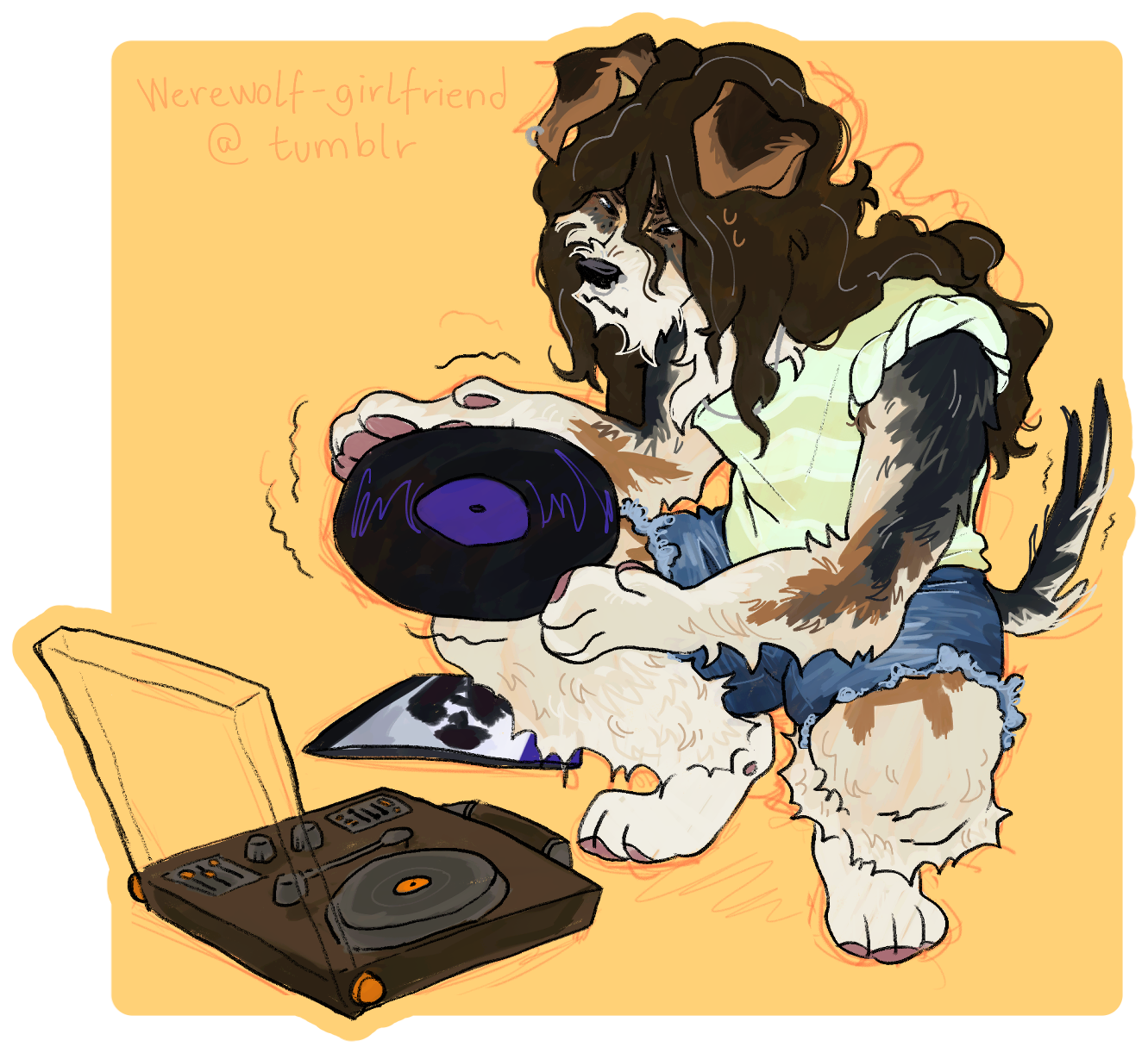 Digital drawing of a fox terrier fursona on a pale orange background. They're very carefully attempting to load a vinyl onto a portable record player in front of them, a task made harder by their lack of thumbs.